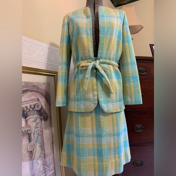 Aqua / Yellow Plaid Tweed Woman’s 2 Piece Skirt Set Vintage Size Medium NO Tags - Picture 15 of 16